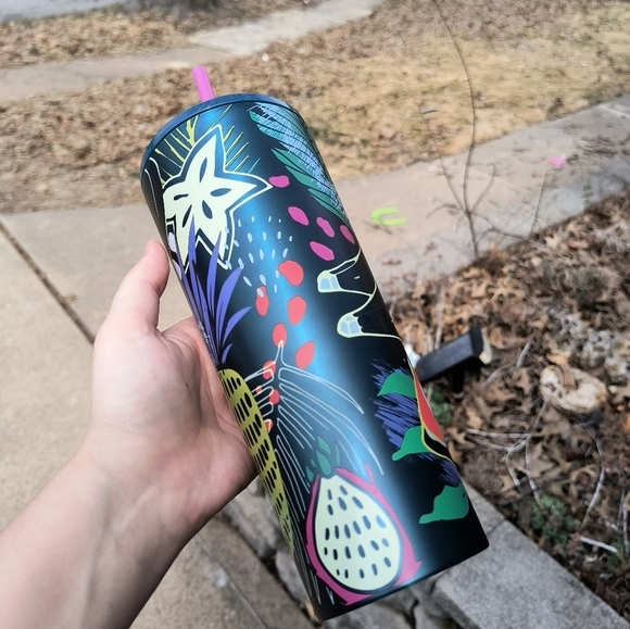 Starbucks Palm Leaf Tropical Fruit 24oz Stainless Steel Tumbler with Pink Straw - Picture 5 of 9